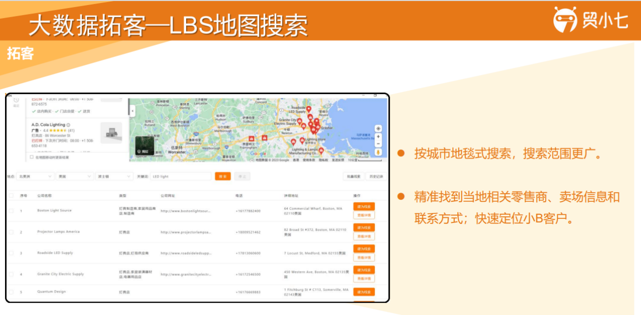 贸小七LBS地图搜索找海外经销商的邮箱、电话、地址、Whatsapp获客